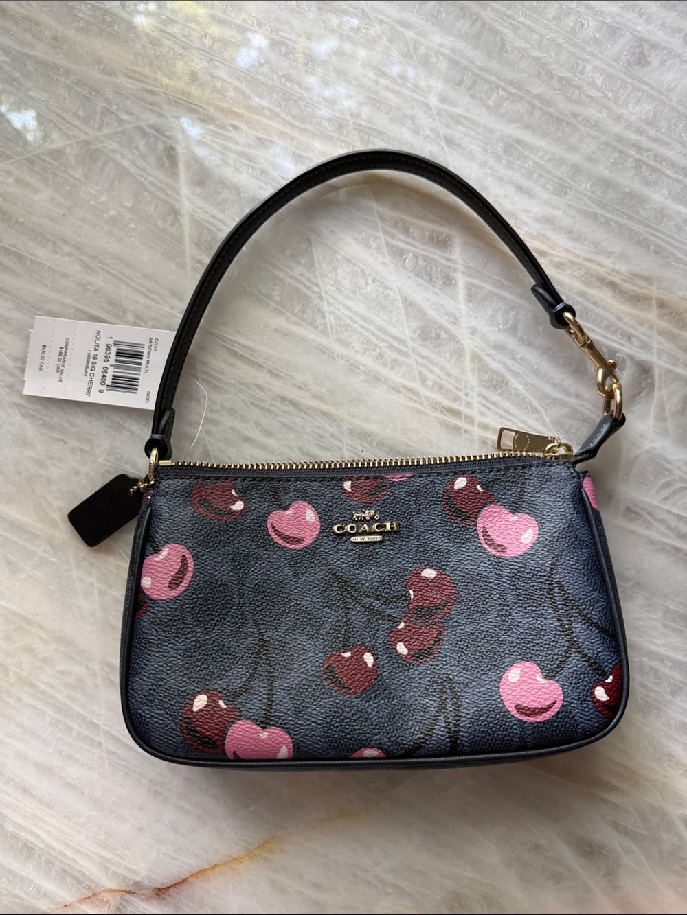 Coach Navy Leather Shoulder Bag with Pink & Burgundy Cherry Print